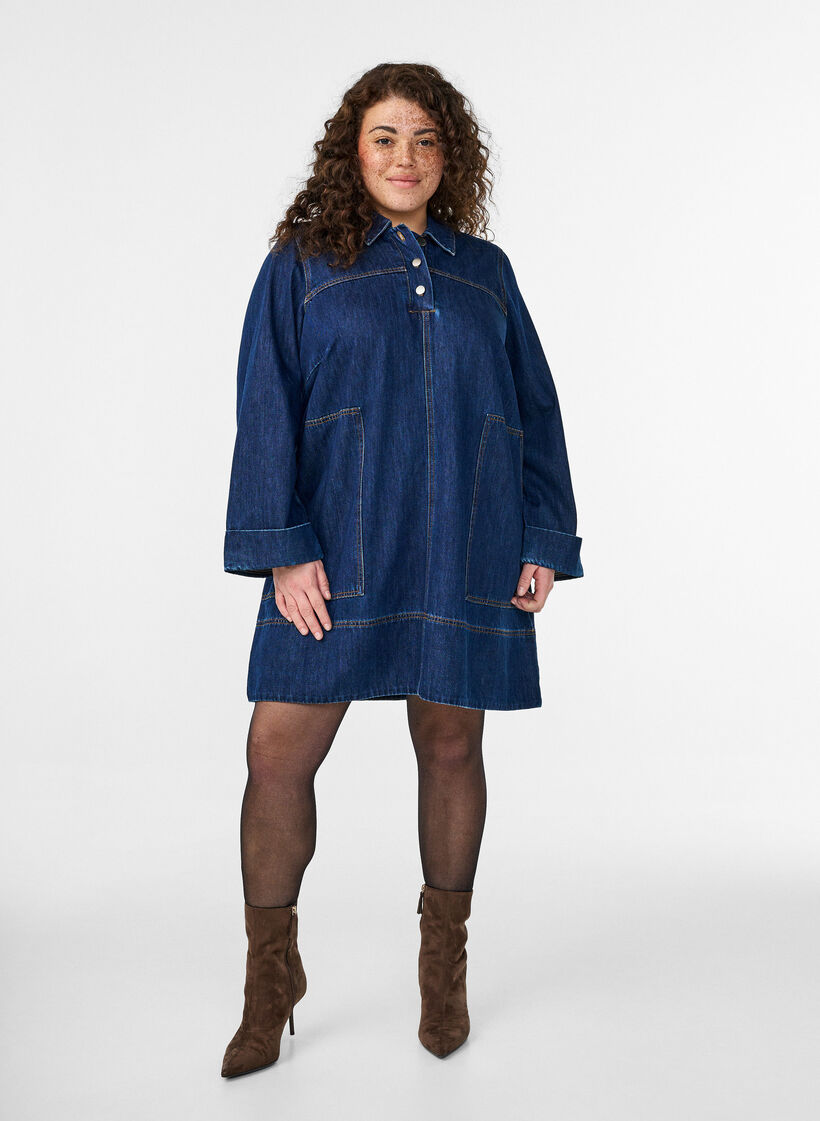 Short denim dress with collar and button fastening, Blue, Model image number 0