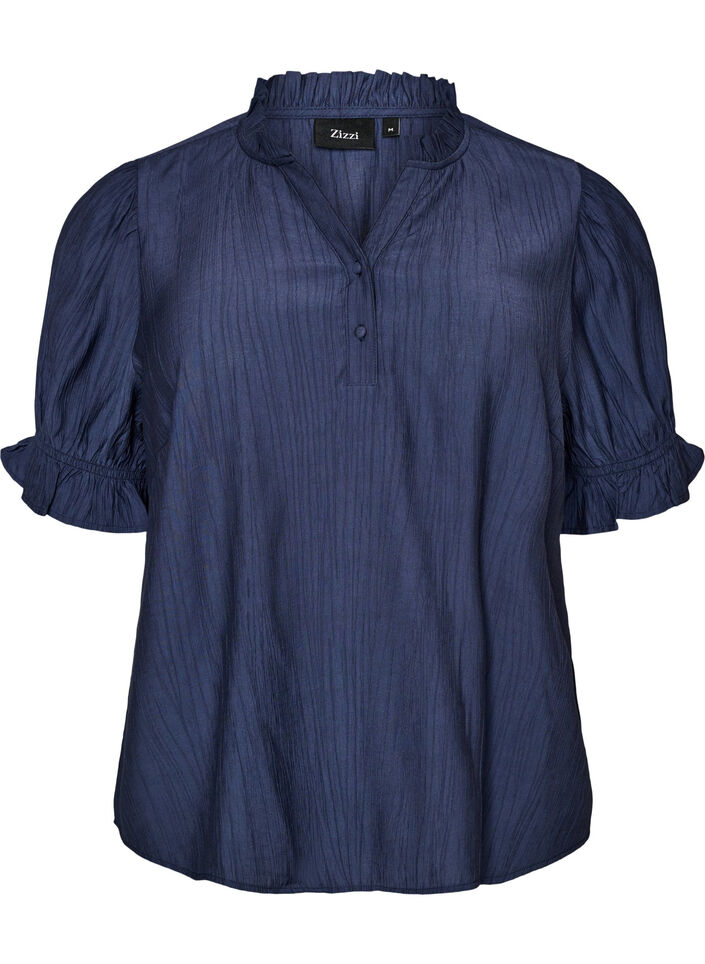 Blouse in a crinkled viscose blend with a V-neck, Blue, Packshot image number 0