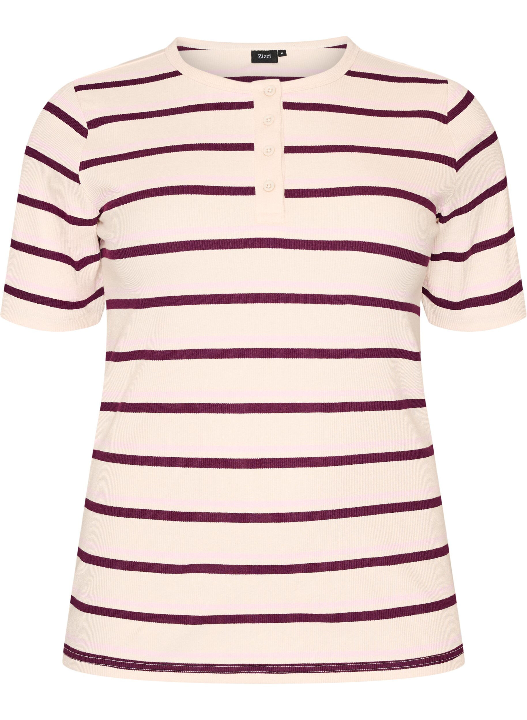 Zizzifashion Rib T-shirt with stripes and button detail, Purple, Packshot image number 0