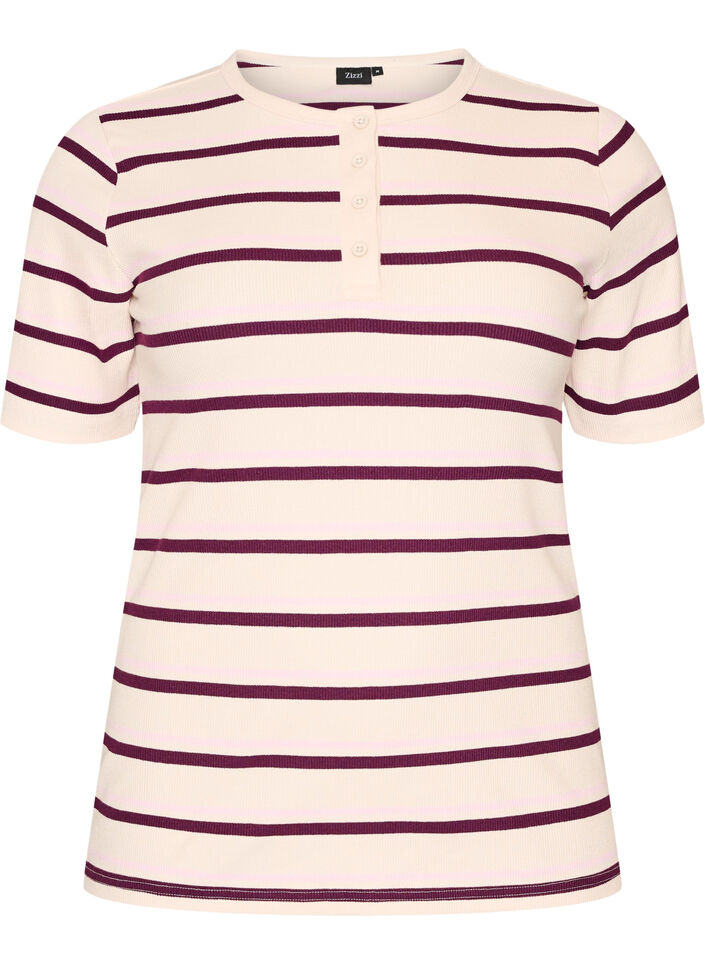 Rib T-shirt with stripes and button detail, Purple, Packshot image number 0