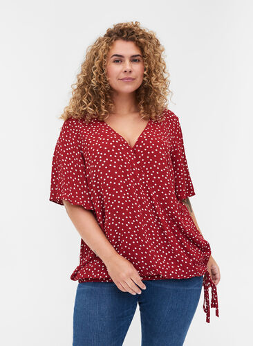 Wrap blouse in viscose , Red w. White Dot, Model image number 0