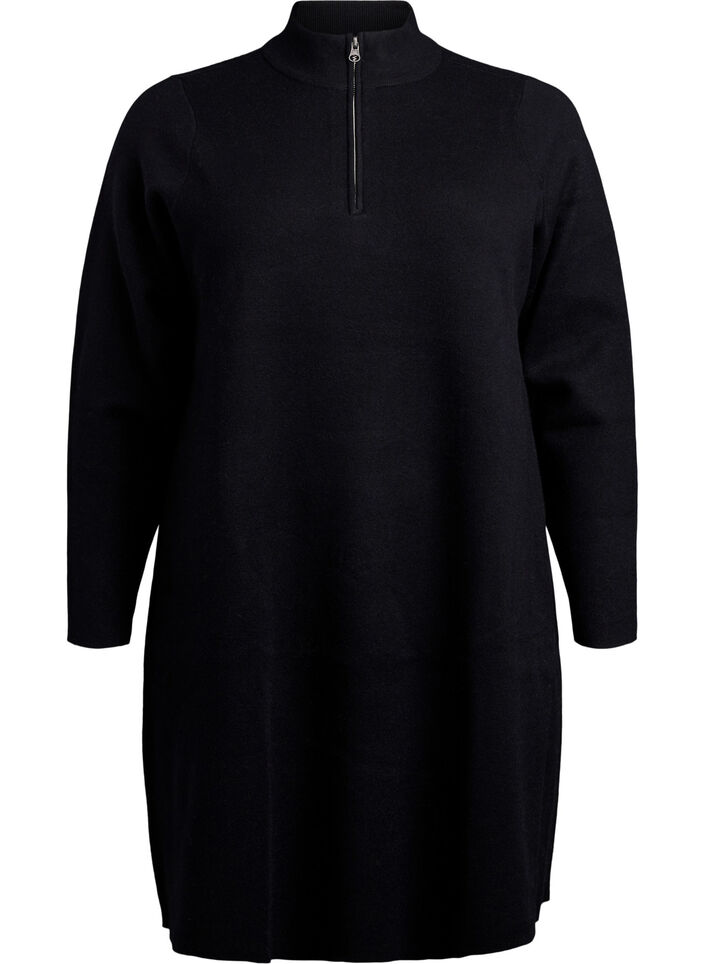 Knit dress with high neck and zipper, Black, Packshot image number 0