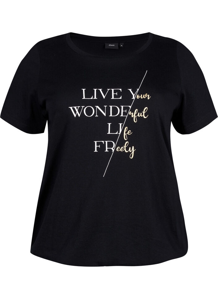 Short-sleeved cotton T-shirt with elasticated hem, Black w. Live, Packshot image number 0