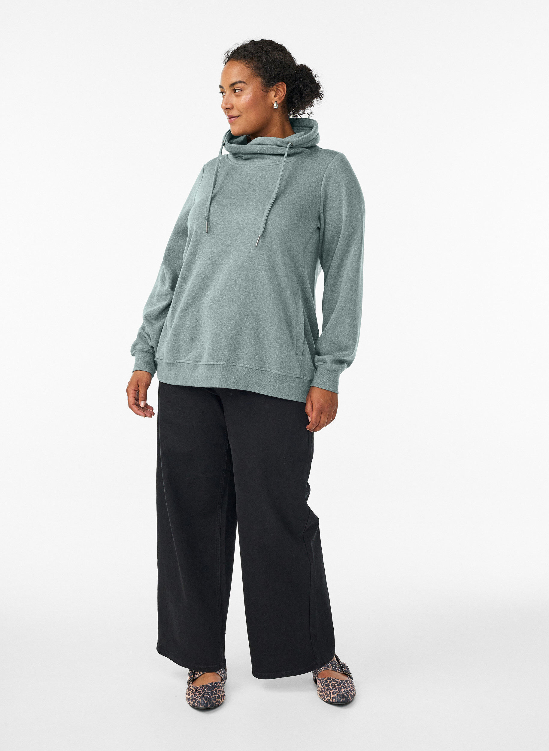 Zizzifashion Sweatshirt with high collar and pockets, Green, Model image number 1