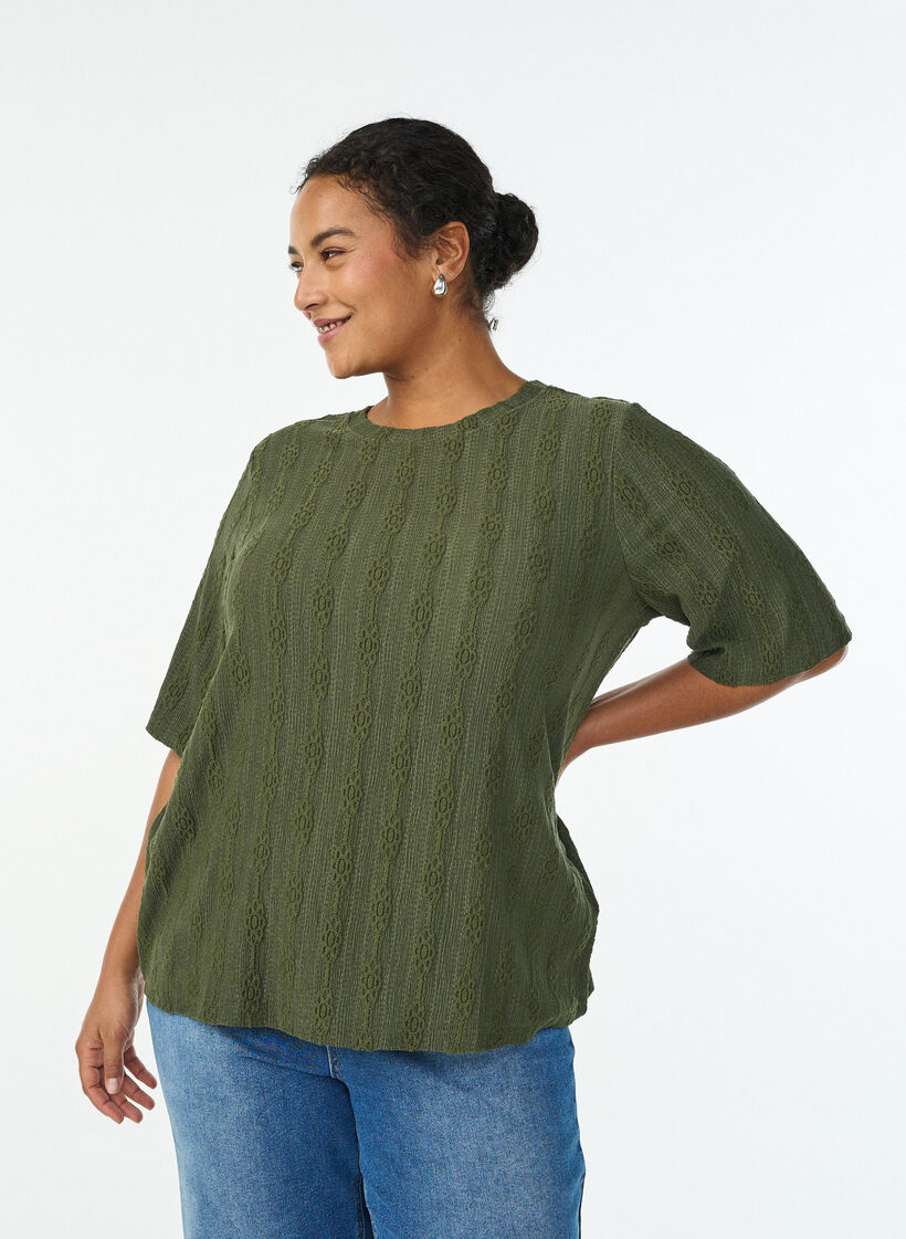 Blouse with textured pattern and short sleeves, Green, Model image number 0