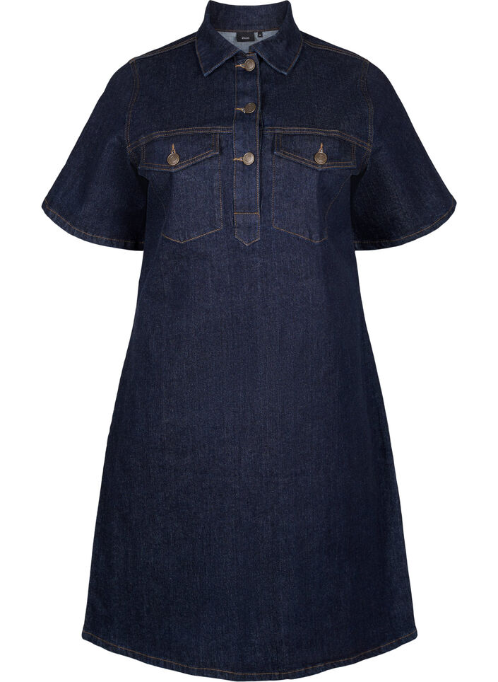 Denim dress with short sleeves and chest pockets, Dark Blue Denim, Packshot image number 0