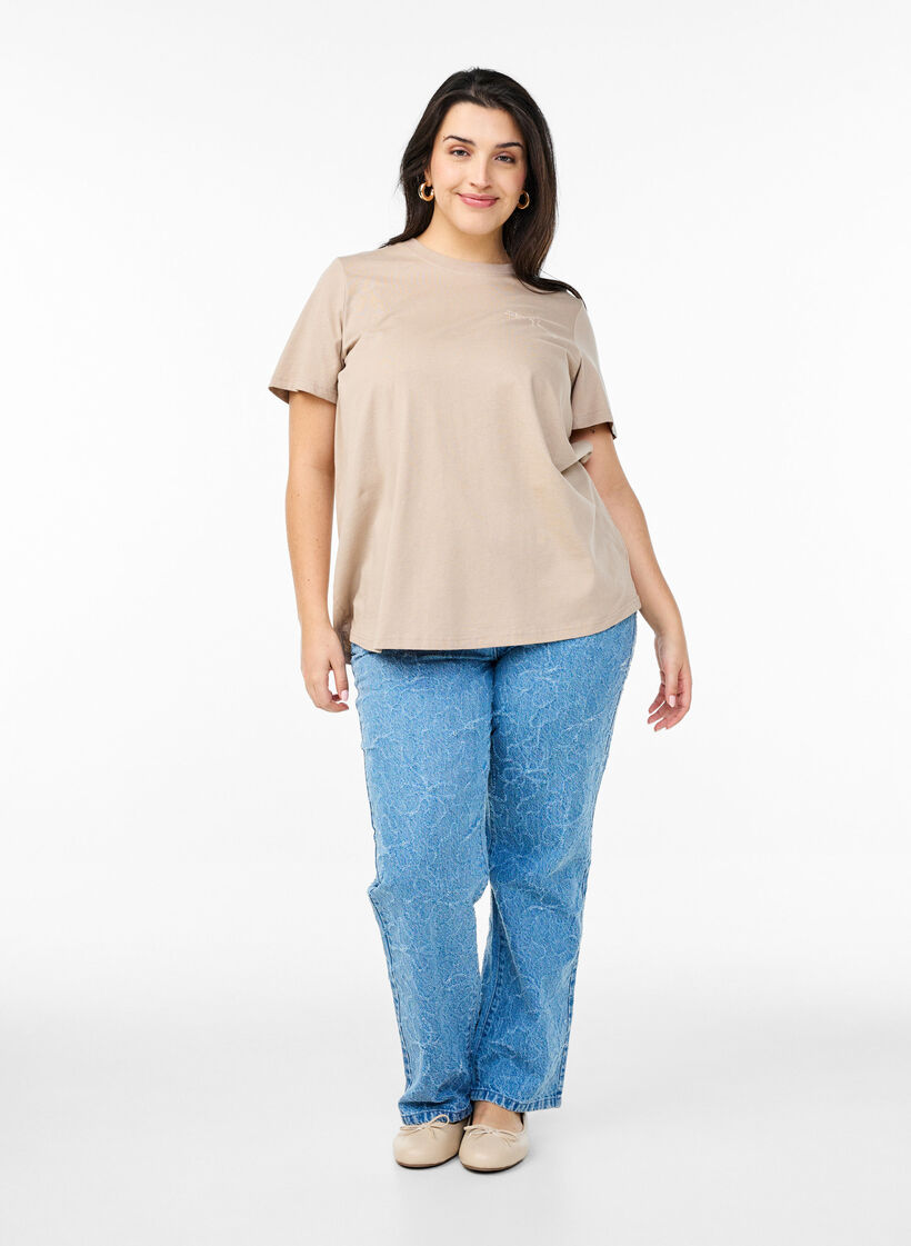 T-shirt with text print and round neck, Brown, Model image number 1