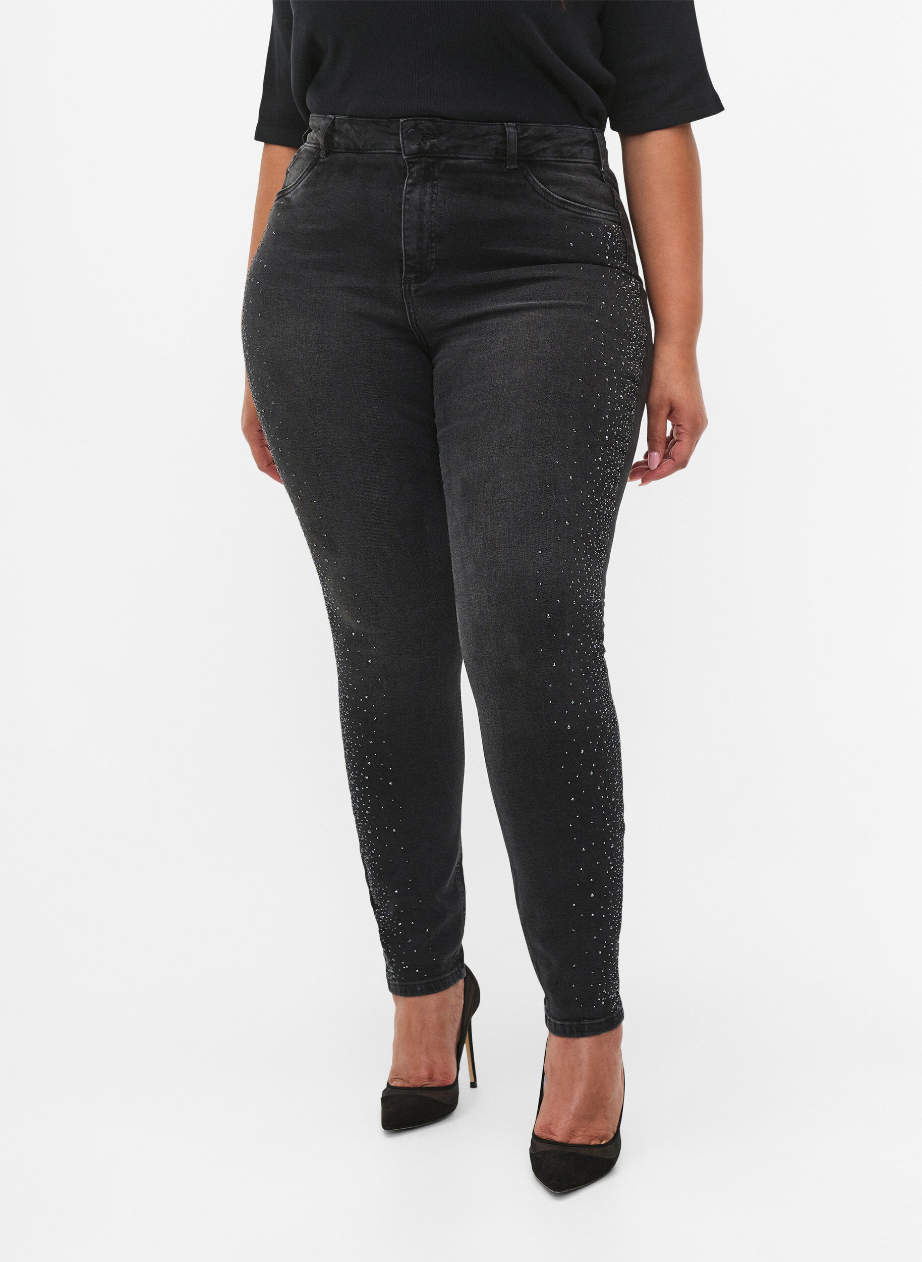 Zizzifashion High-waisted Amy jeans with rhinestones, Grey Denim, Model image number 2