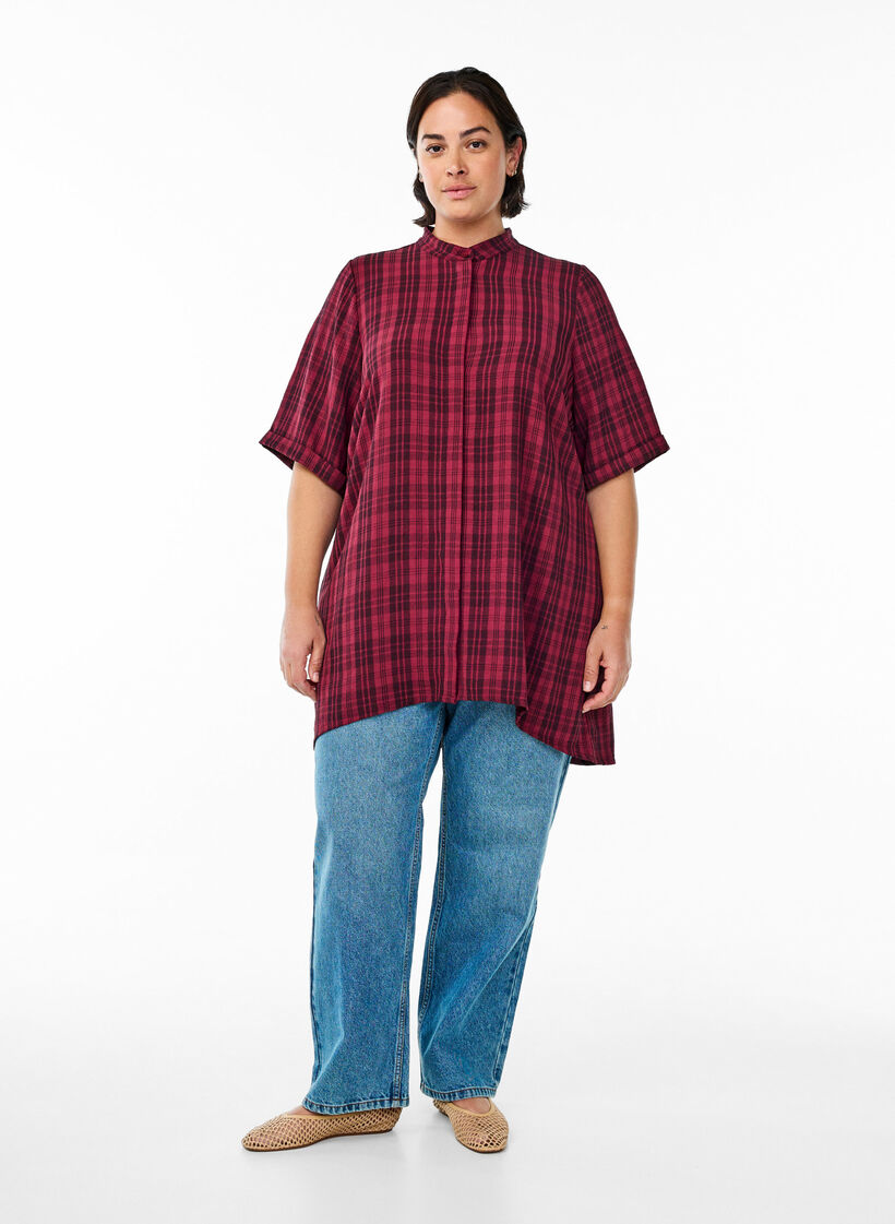Tunic with short sleeves and checkered pattern, Dark Bordeaux, Model image number 1