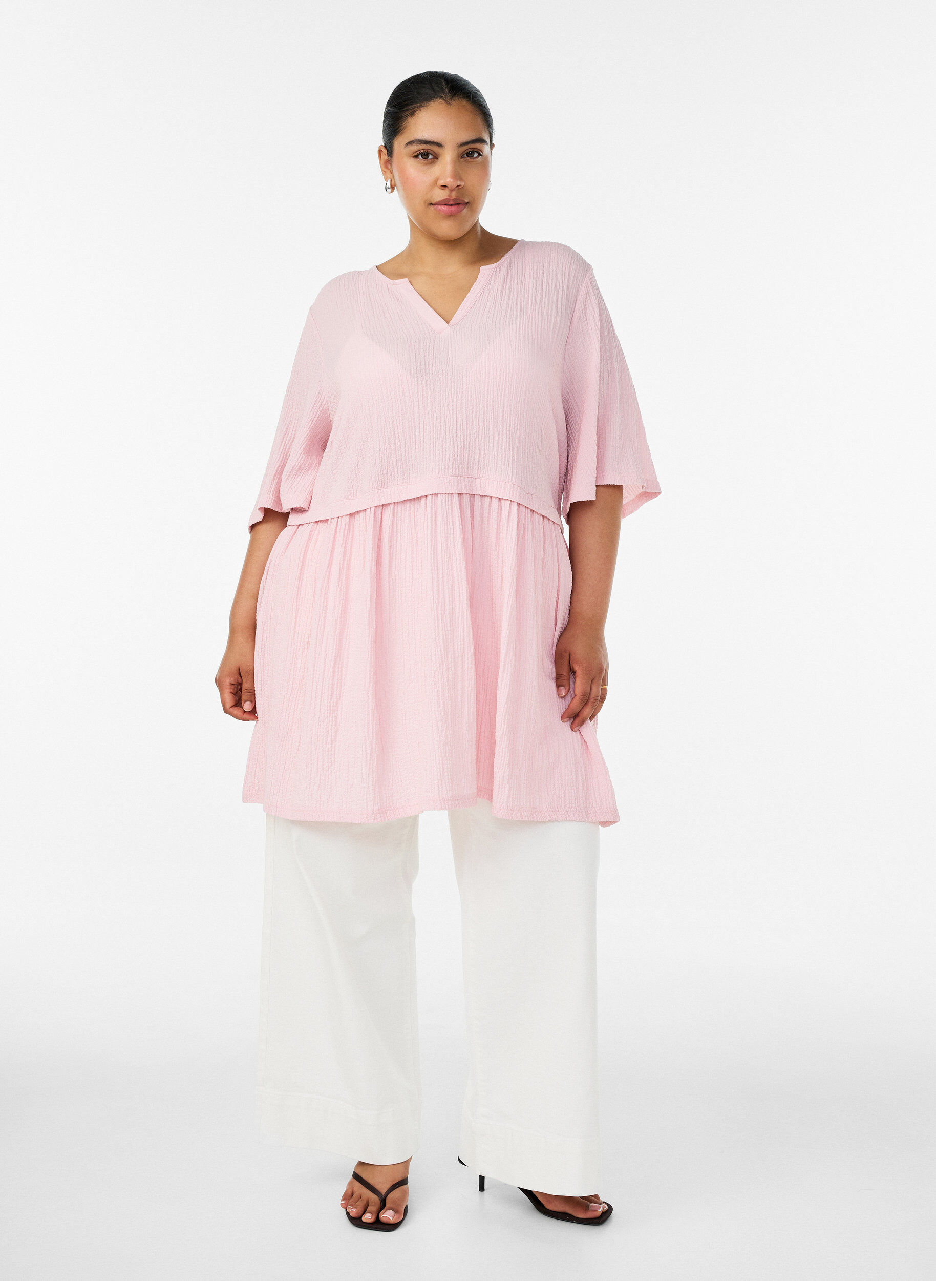 Zizzifashion Tunic with crinkled texture and 1/2 sleeves, Pink, Model image number 1