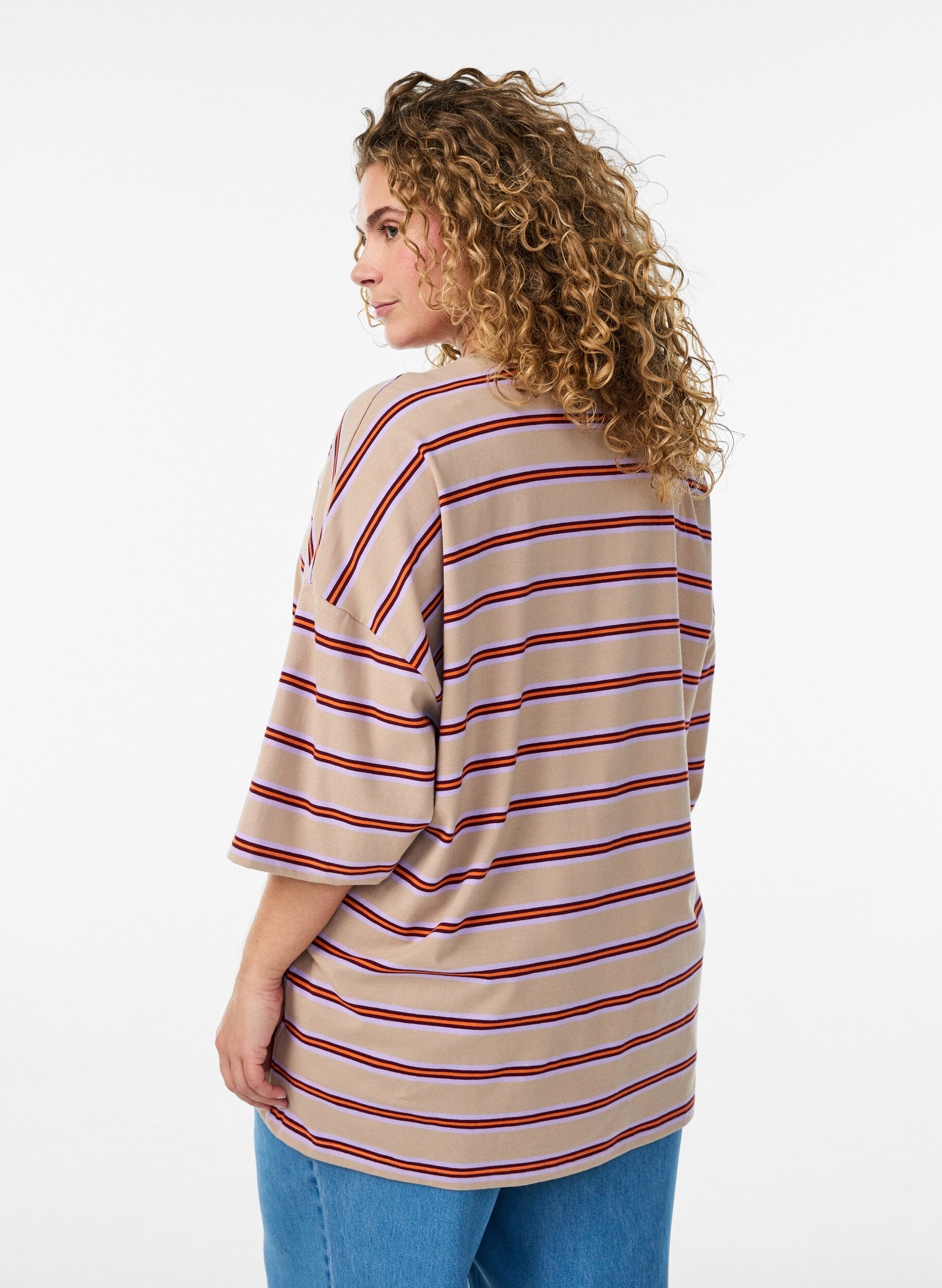 Zizzifashion Oversized T-shirt with stripes and 1/2 sleeves, Beige, Model image number 2