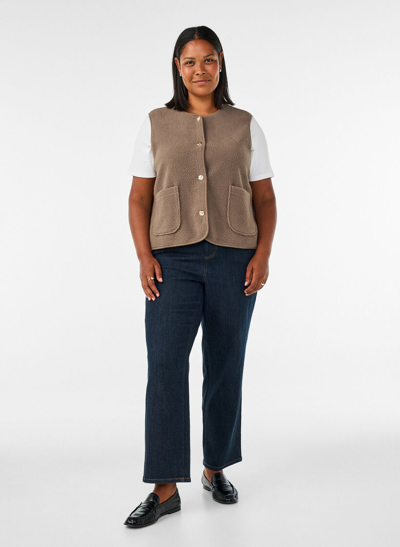 Teddy gilet with buttons and pockets, Brown, Model image number 1