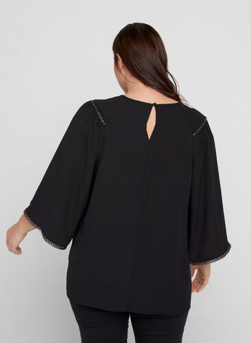 Blouse with 3/4-length Sleeves and Rivets, Black, Model image number 1
