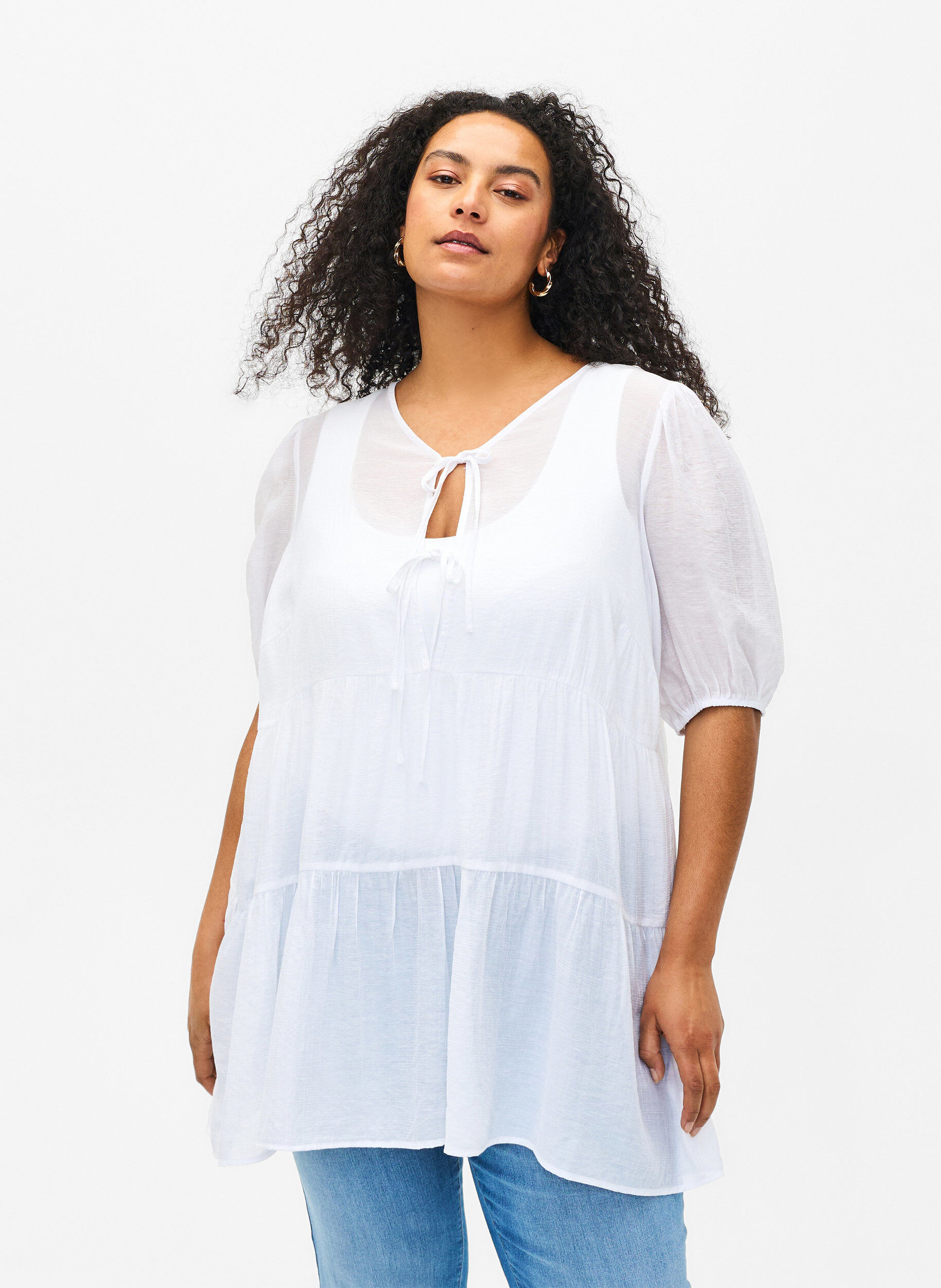A-line viscose tunic with lace-up detail, White, Model