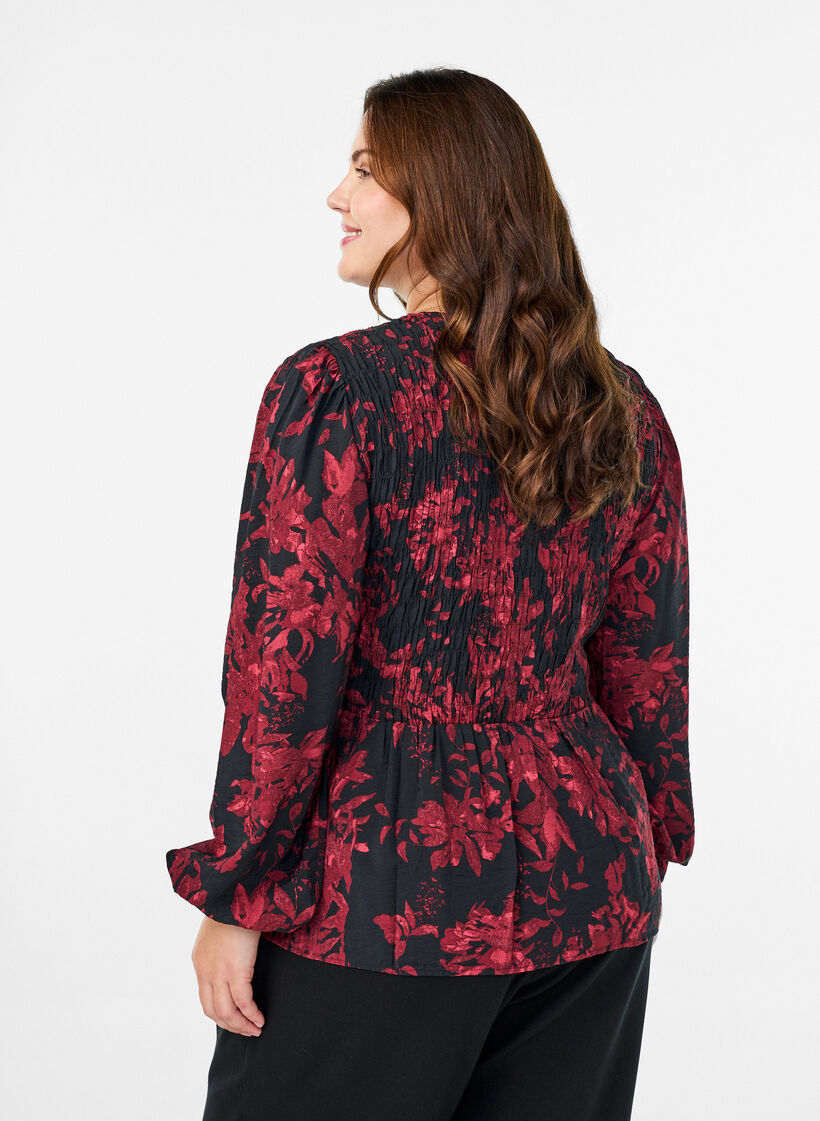 Blouse with smock and long sleeves, Black, Model image number 2