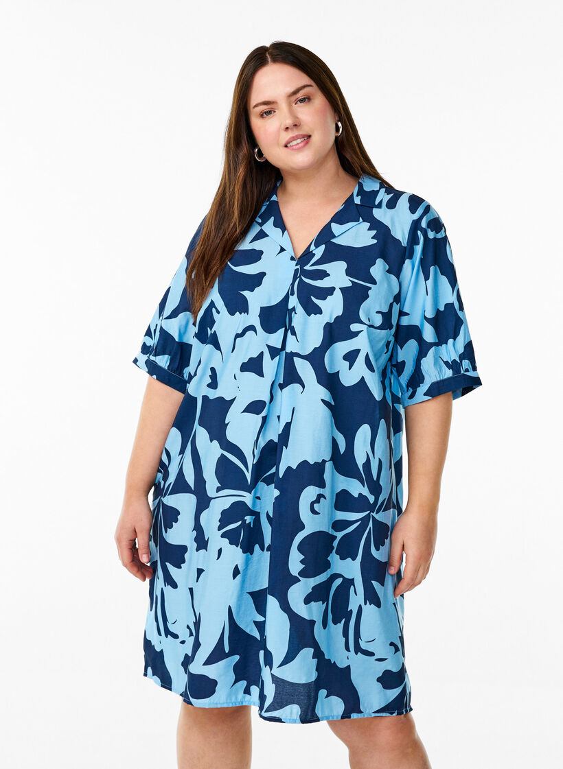 Knee-length dress with print and V-neck, Blue, Model image number 0