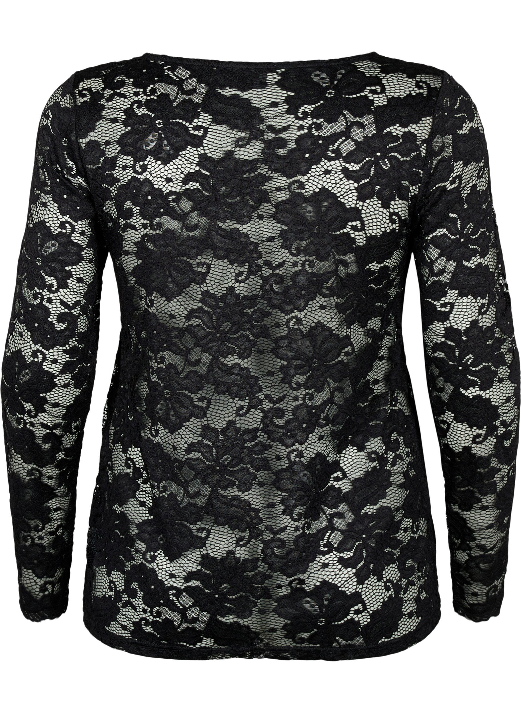 Zizzifashion Long sleeve lace blouse with V-neck, Black, Packshot image number 1