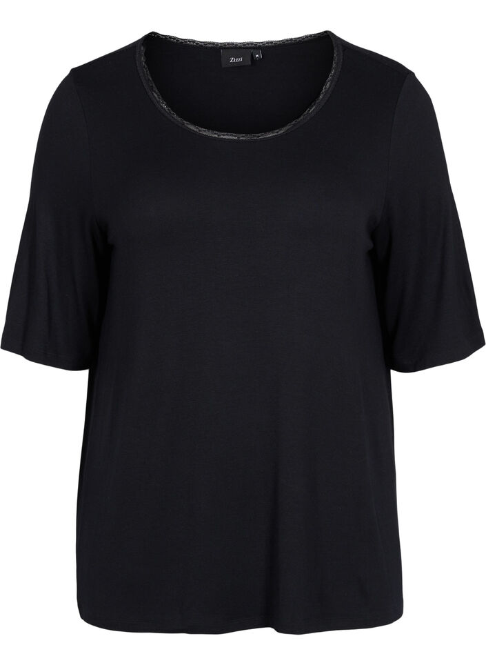 Short-sleeved pyjama top in viscose, Black, Packshot image number 0