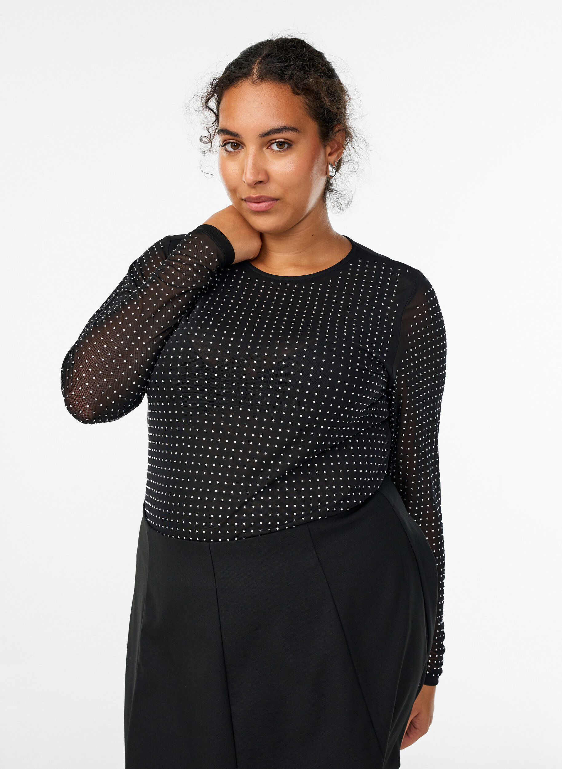 Mesh blouse with rhinestones and long sleeves, Black, Model