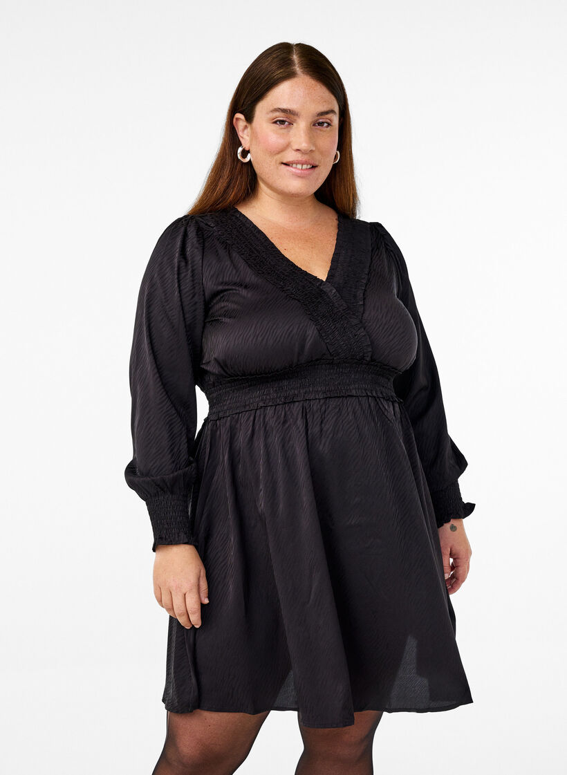 Short dress with smock detailing, Black, Model image number 0