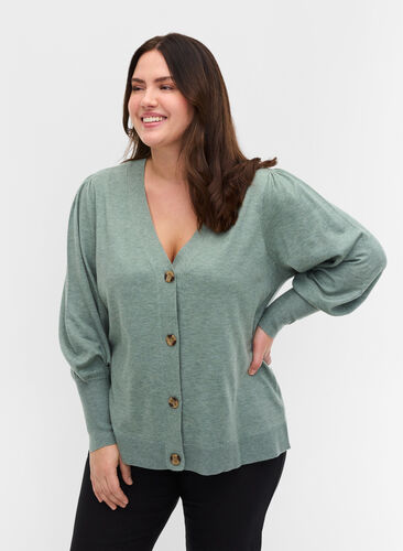 Knitted cardigan with a button-through closure, Chinois Green Mel, Model image number 0