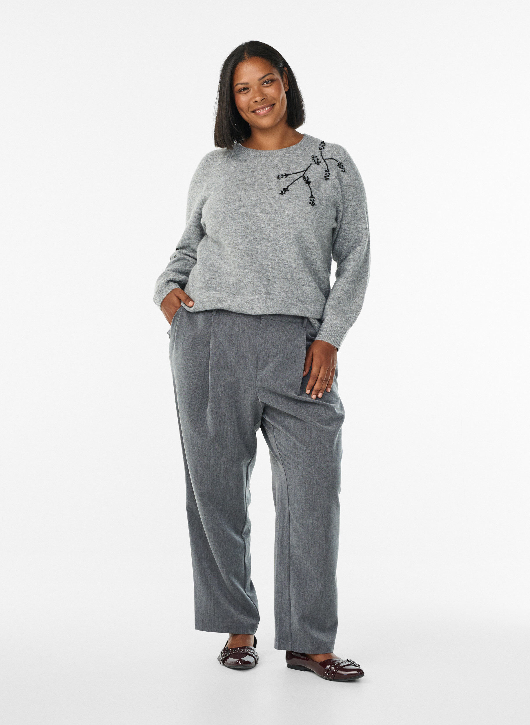 Zizzifashion Jumper with pearl embroidery, Grey, Model image number 1