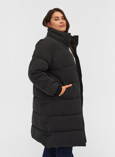 Long puffer jacket with zipper, Black, Model image number 0