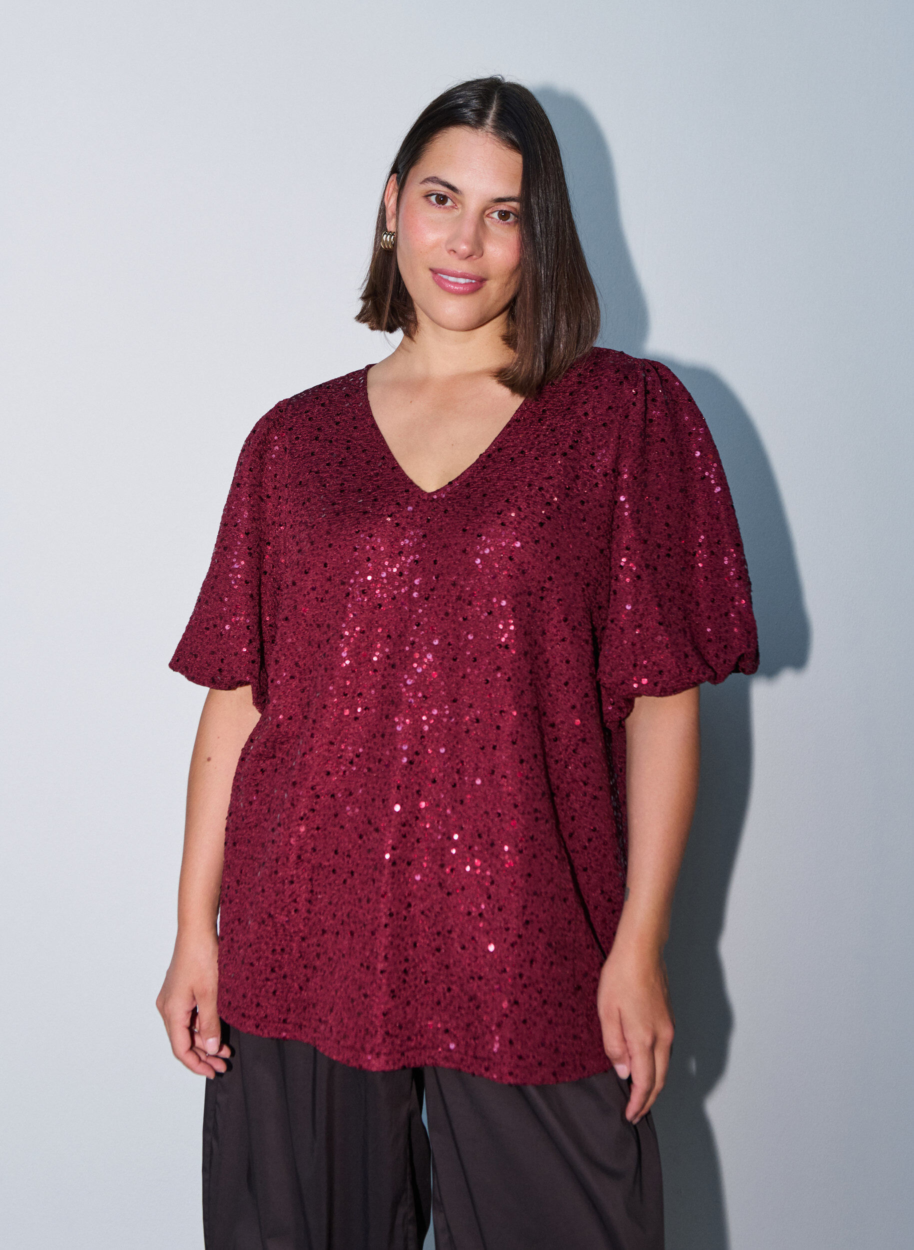 ZizzifashionSequin blouse with balloon sleeves, Red, Model image number 0