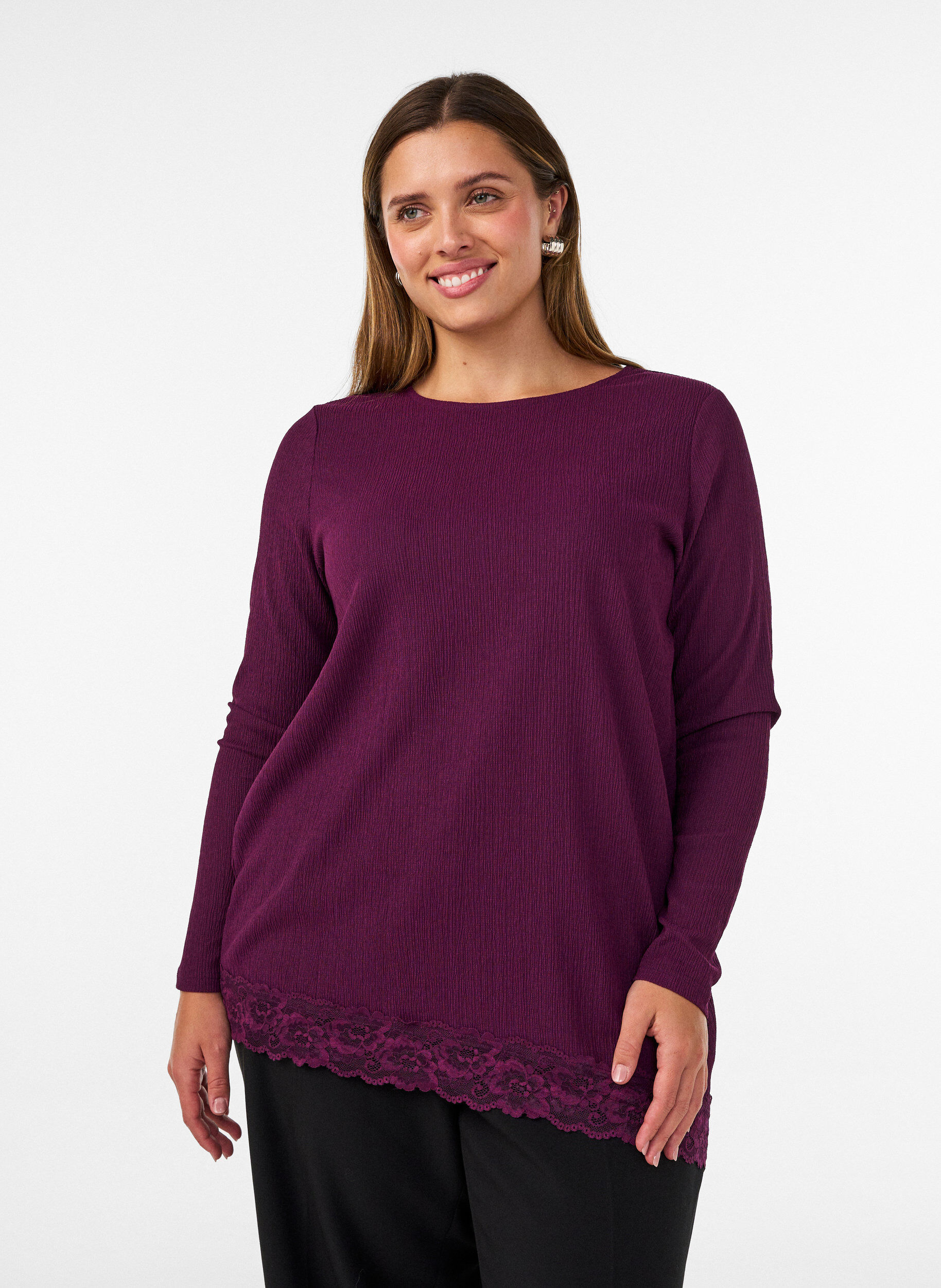 ZizzifashionJersey blouse with asymmetrical lace trim, Purple, Model image number 0