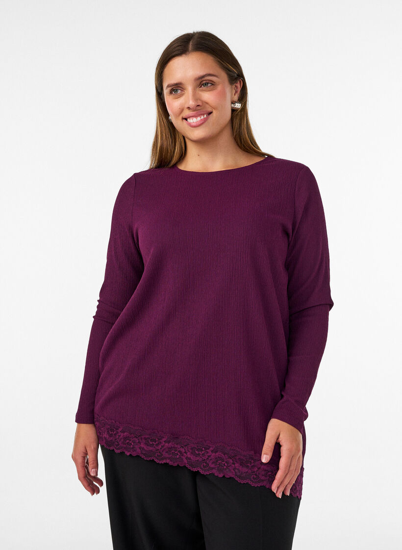 Jersey blouse with asymmetrical lace trim, Purple, Model image number 0
