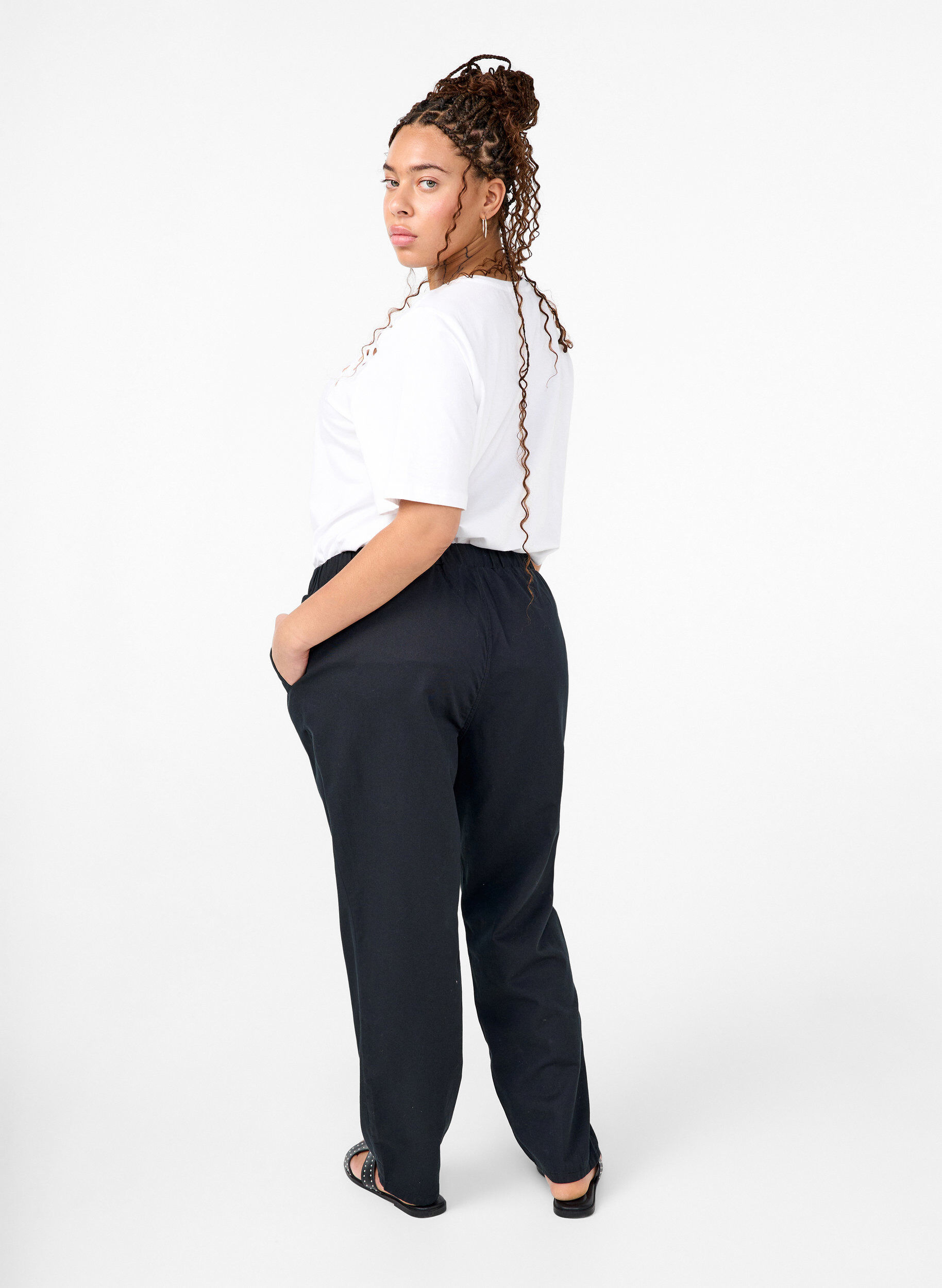 Zizzifashion Cotton and linen trousers with pockets, Black, Model image number 1