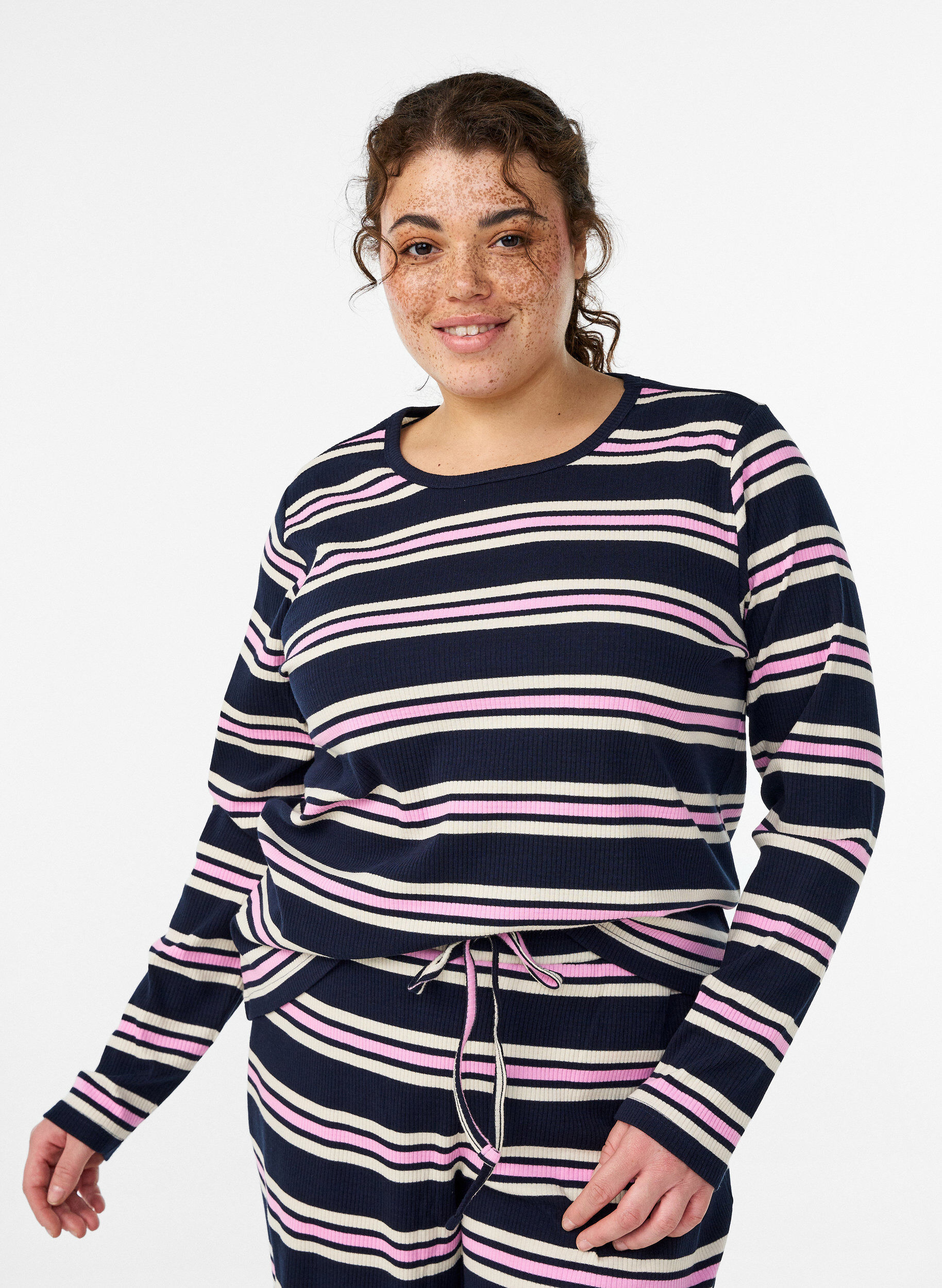 Zizzifashion Long-sleeved night top in ribbed jersey with stripes, Blue, Model image number 0