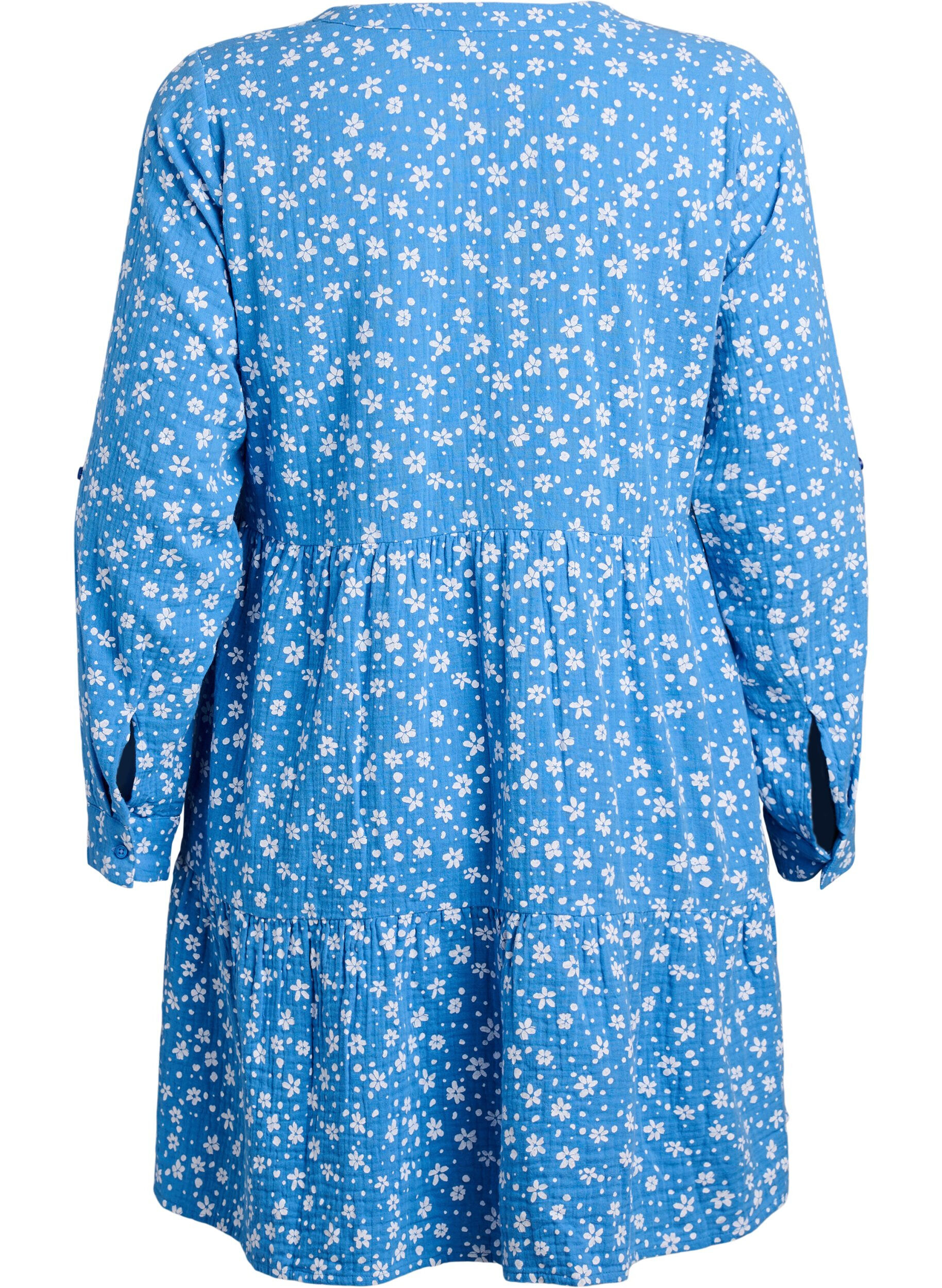 Zizzifashion Short dress in patterned cotton muslin, Blue, Packshot image number 1