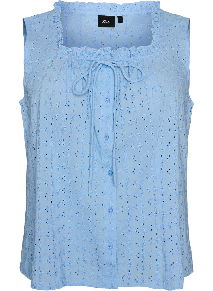 Sleeveless blouse with broderie anglaise and ruffles, Light Blue, Packshot image number 0