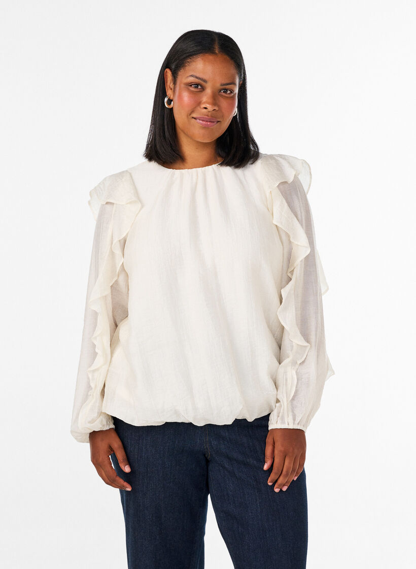Blouse with ruffles and balloon shape, Vanilla, Model image number 0