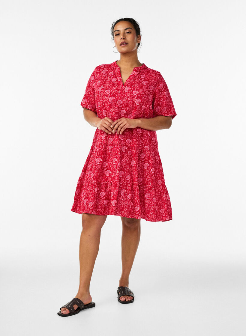 Short A-line dress in cotton muslin, Red, Model image number 1