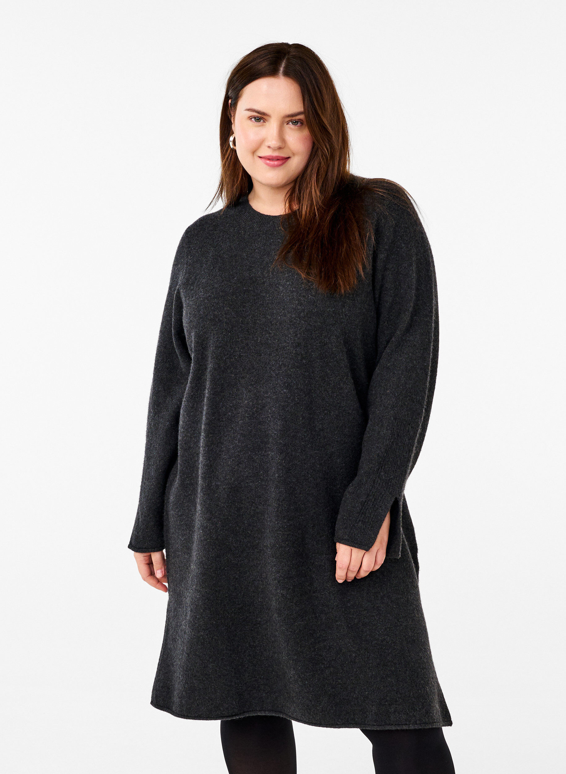 Zizzifashion Knitted dress with a round neck and slit, Dark Grey Melange, Model image number 0
