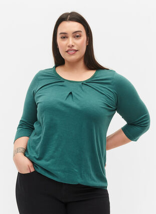 Cotton top with 3/4 sleeves, Mallard Green, Model image number 0