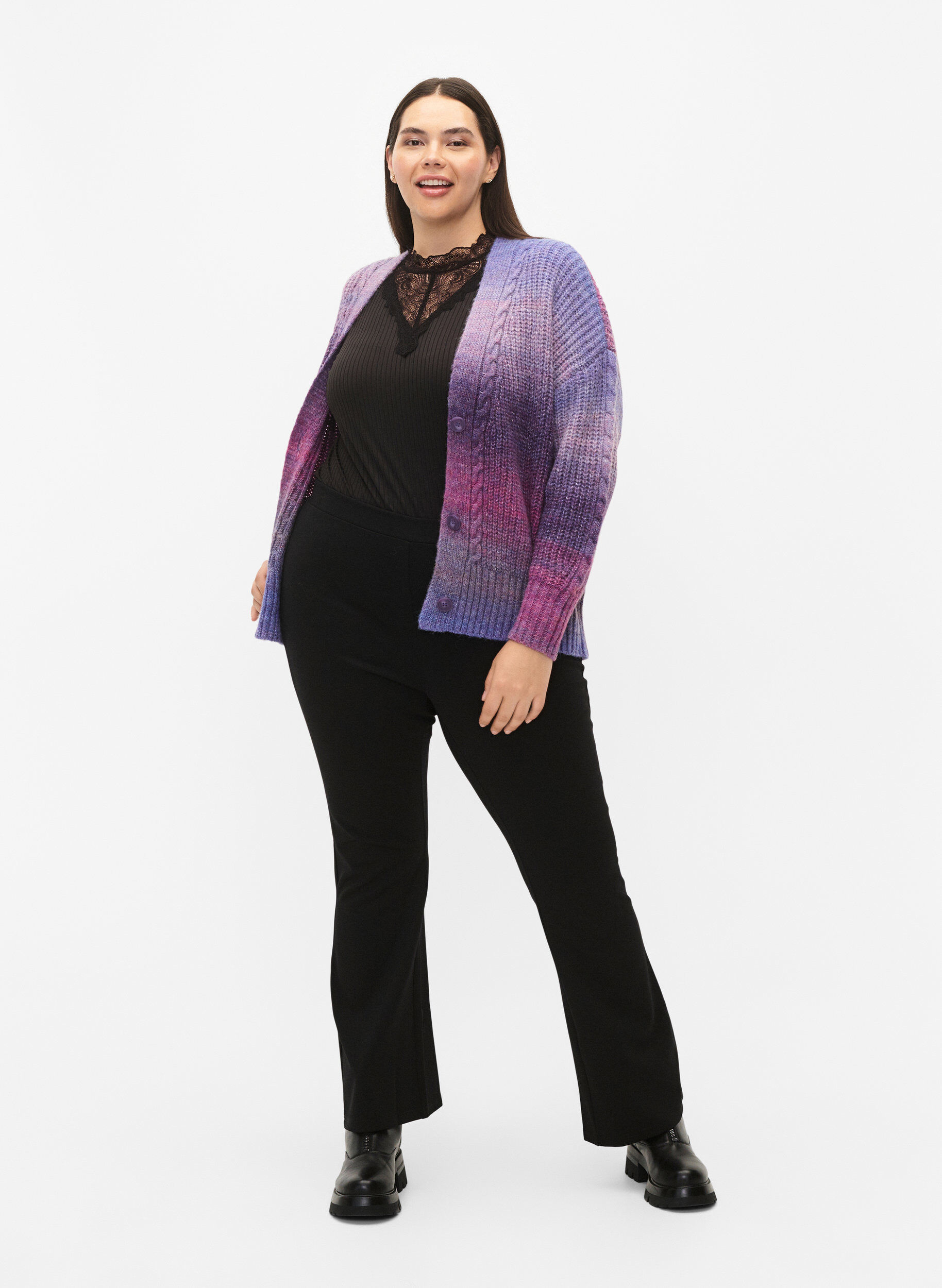 Zizzifashion Melange knit cardigan with buttons, Pansy Mel. Comb, Model image number 4