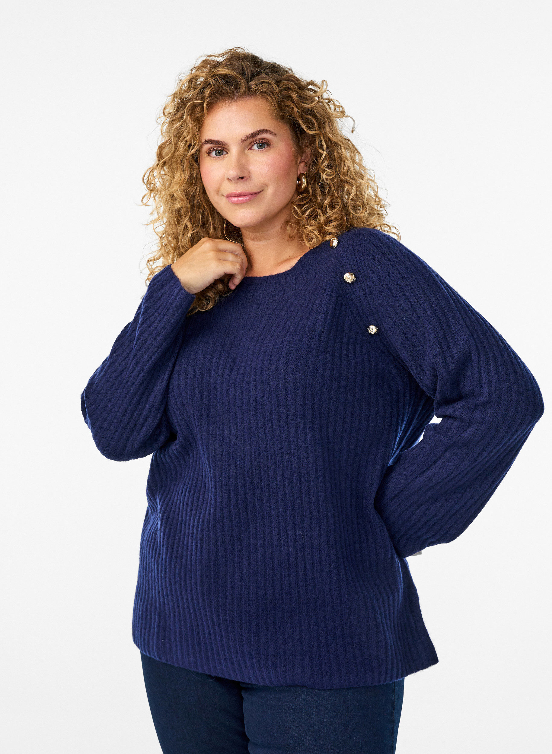 Ribbed jumper with decorative buttons, Blue, Model