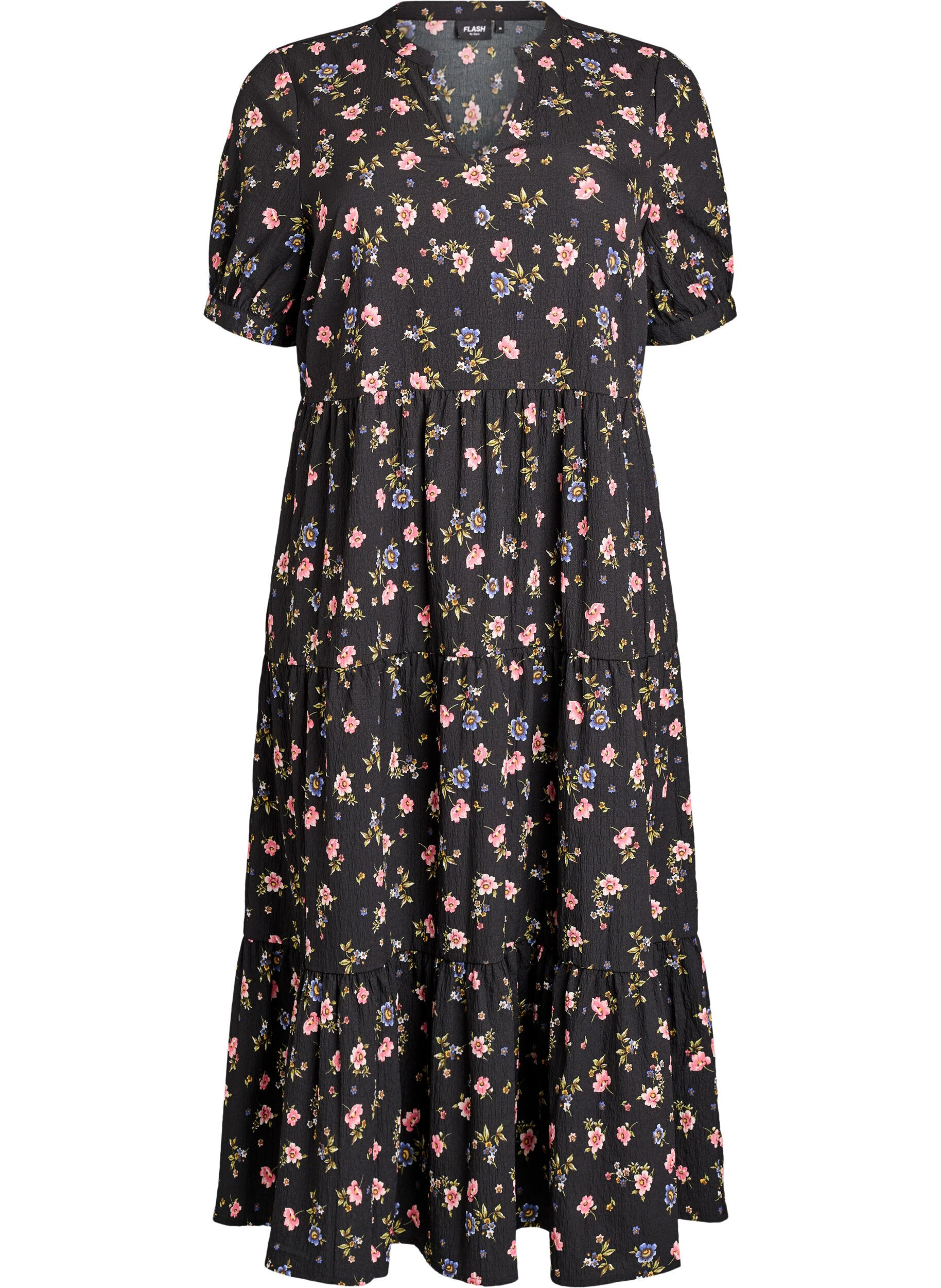 Zizzifashion Ankle-length dress with short sleeves and tiered ruffles, Black, Packshot image number 0