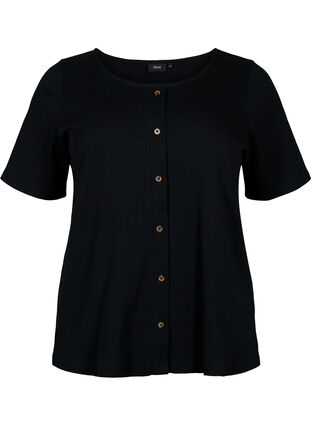 Short-sleeved ribbed t-shirt with buttons, Black, Packshot image number 0