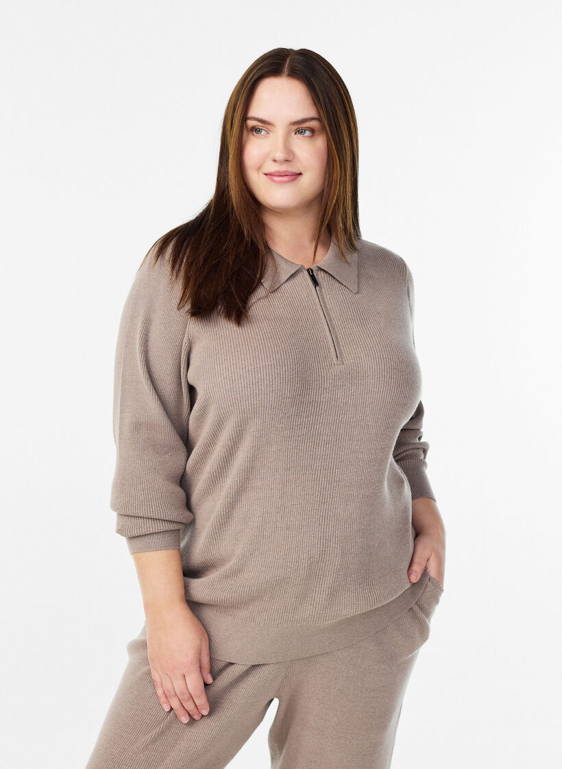 Rib-knitted pullover with polo collar and zip, Beige, Model image number 0