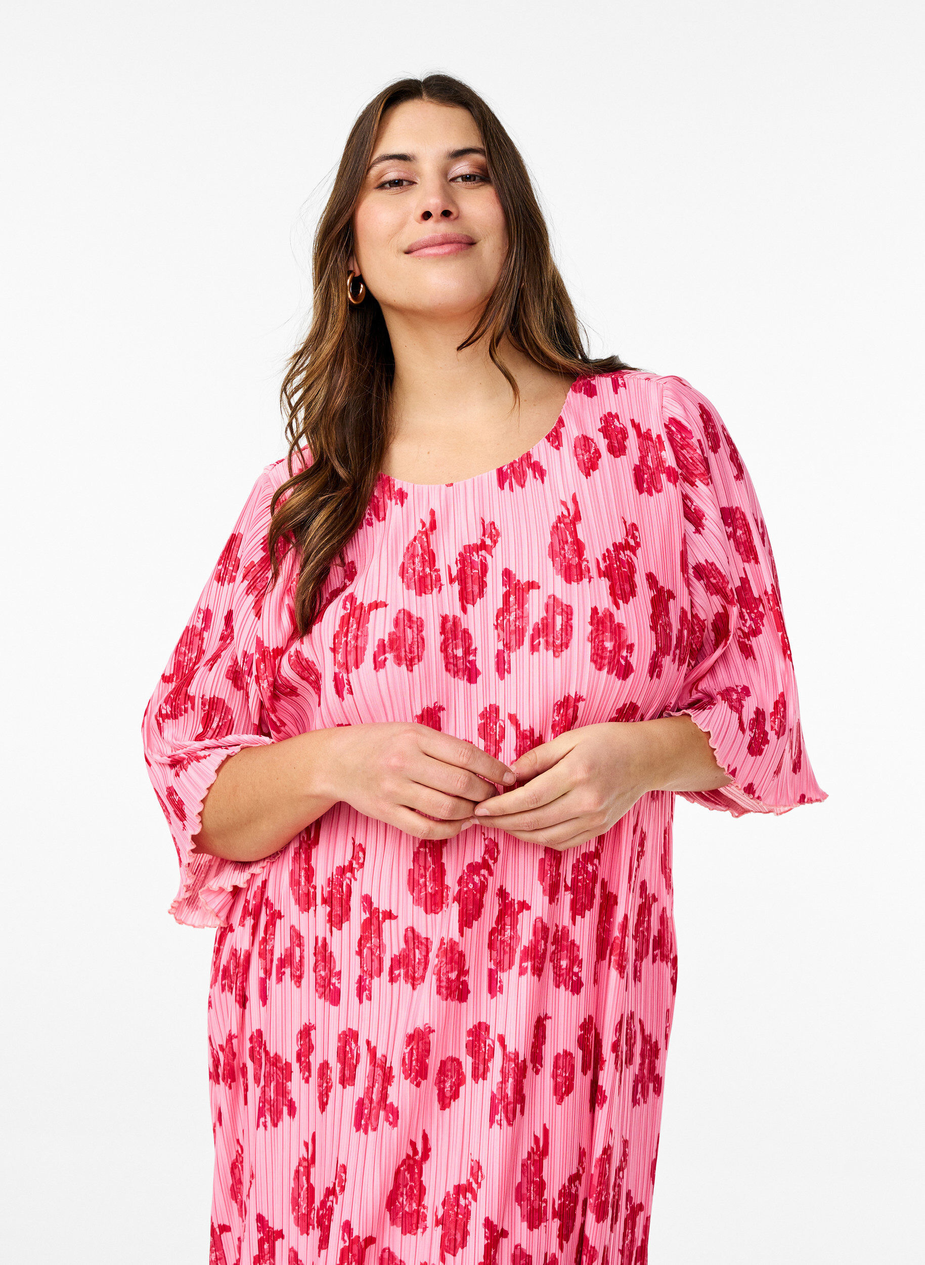 Zizzifashion Pleated dress with 3/4 sleeves, Rose, Model image number 2