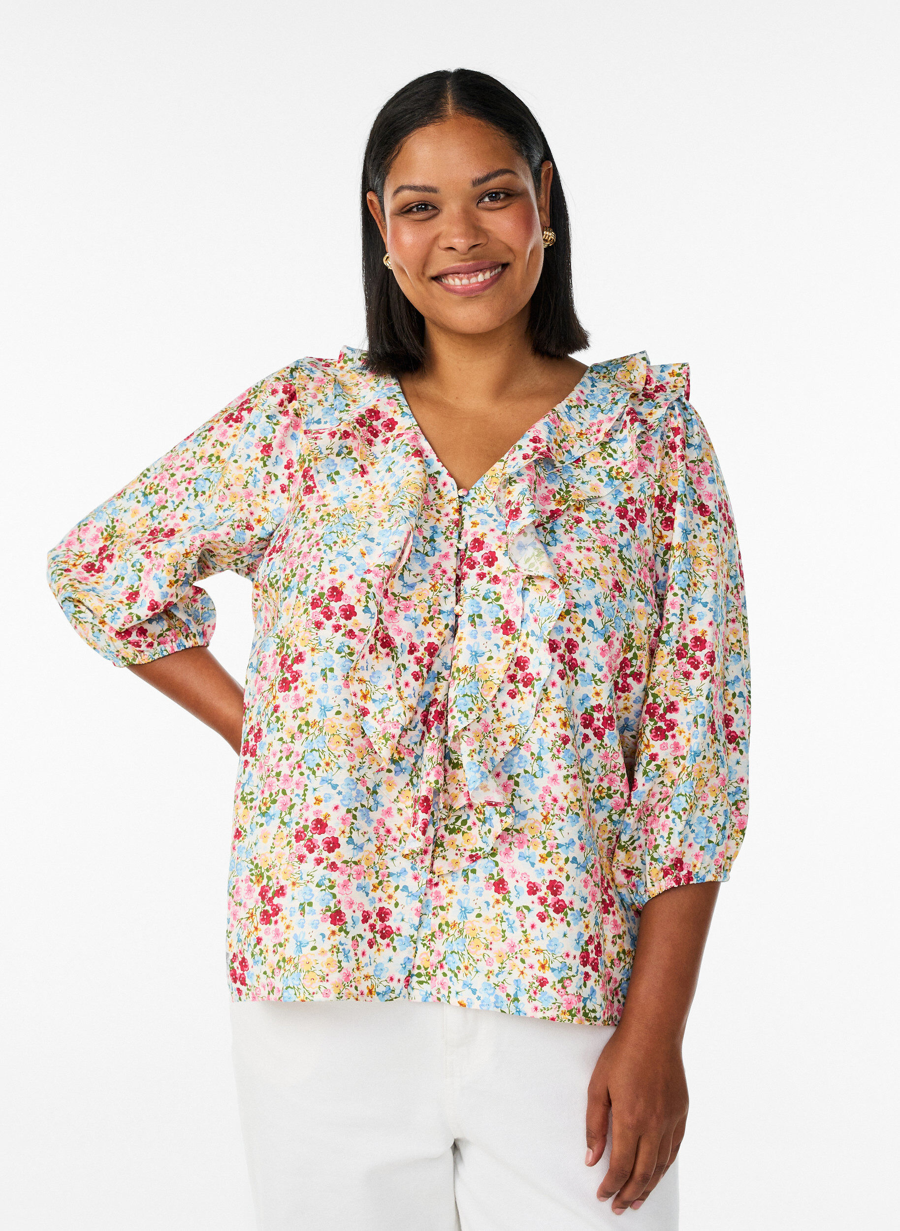 Zizzifashion Viscose blouse with floral print and 3/4 sleeves, Blue, Model image number 0