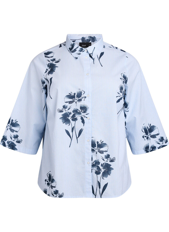 Striped shirt with floral print and 3/4 sleeves, Light Blue, Packshot image number 0