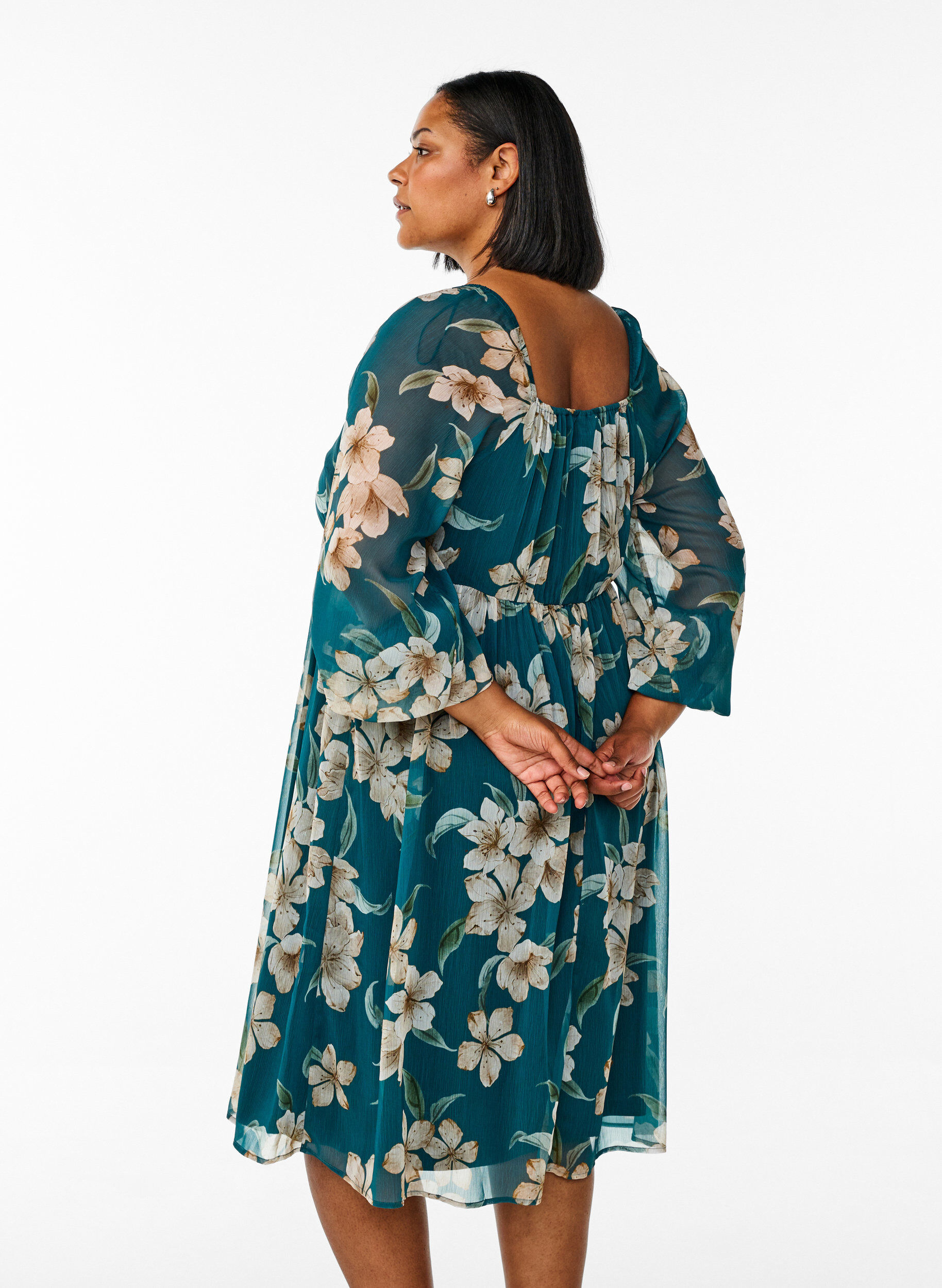 Zizzifashion Chiffon party dress with long sleeves, Green, Model image number 2