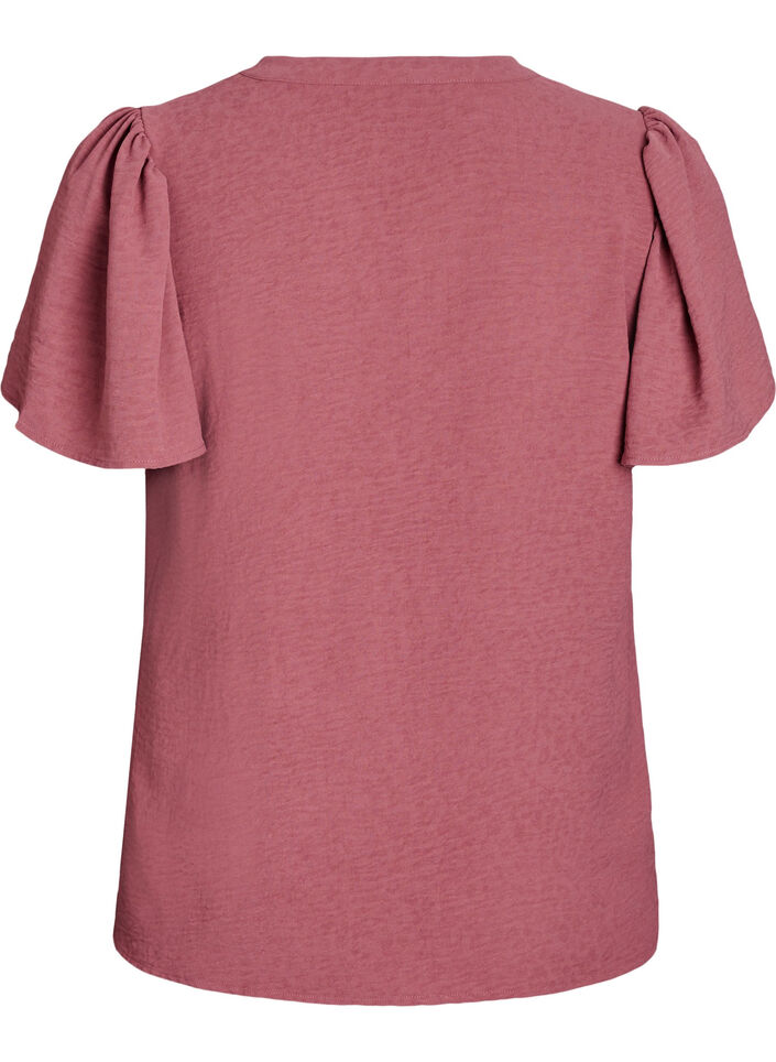 Blouse with short ruffle sleeves and V-neck, Red, Packshot image number 1
