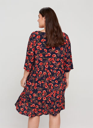 Floral viscose dress with 3/4 sleeves, Black Poppy Flower, Model image number 1