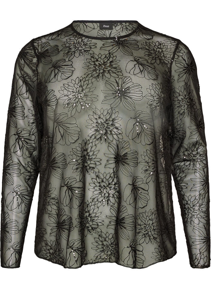 Mesh blouse with flowers and sequins, Black, Packshot image number 0